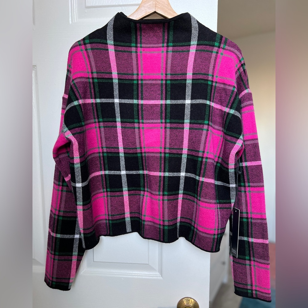 Nicole Miller Fuchsia/Pink, Black and Green Plaid Mock Neck Sweater, Size L